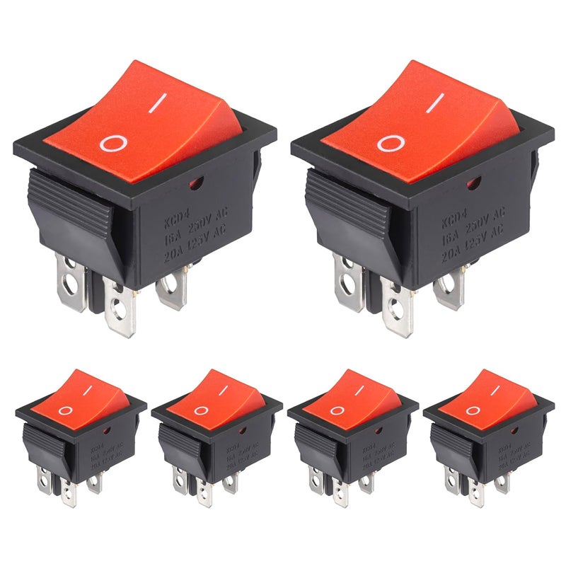VEXUNGA KCD4 Rocker Switch 20A 125V AC 16A 250V On Off 4 Pin 2 Position Mini Boat Rocker Switch Red Snap DPST Toggle Switches Square for Car Marine Home Appliances (Pack of 6pcs) - Image 1